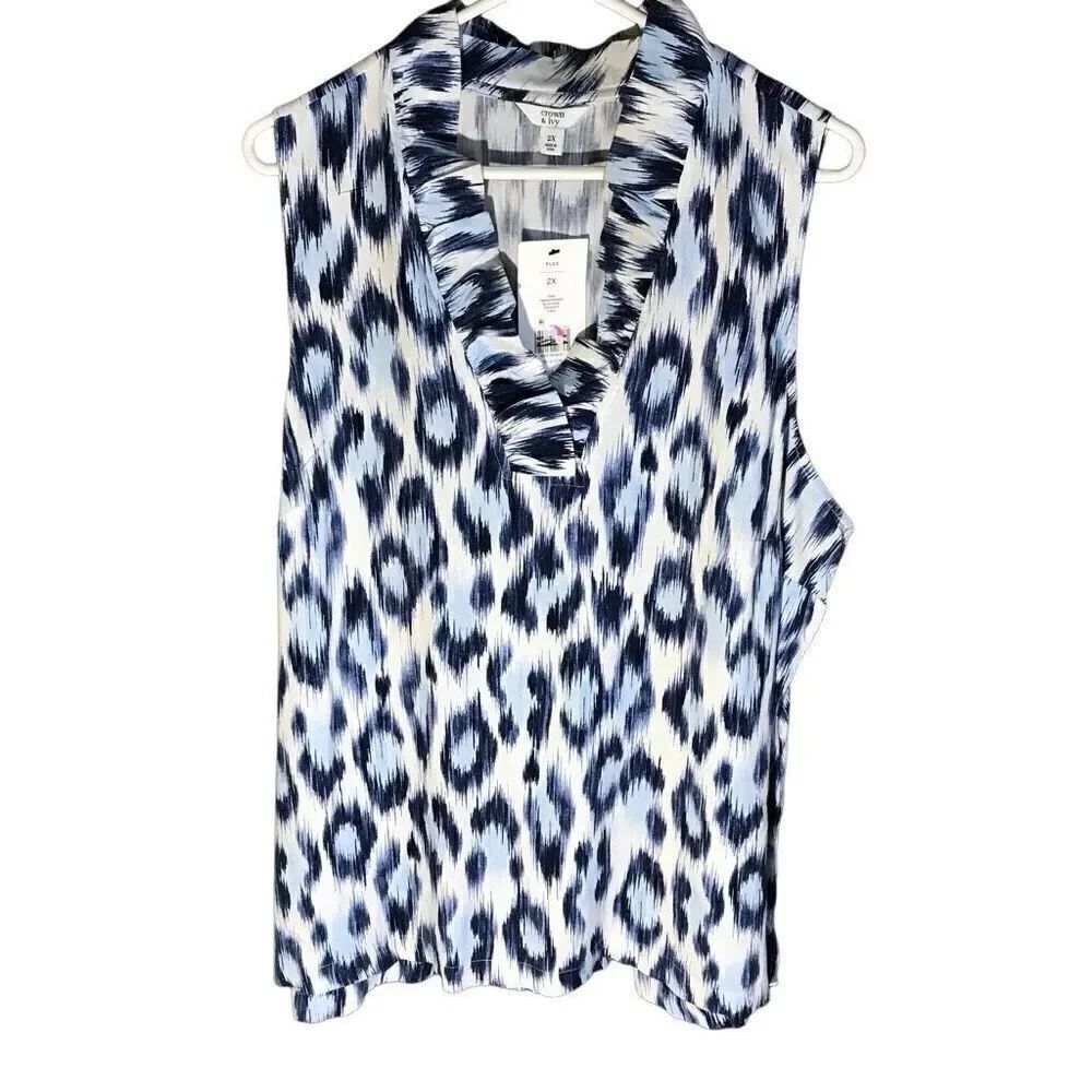 Crown & Ivy Blouse top blouse blue white sleeveless plus SZ 2X New w/tags